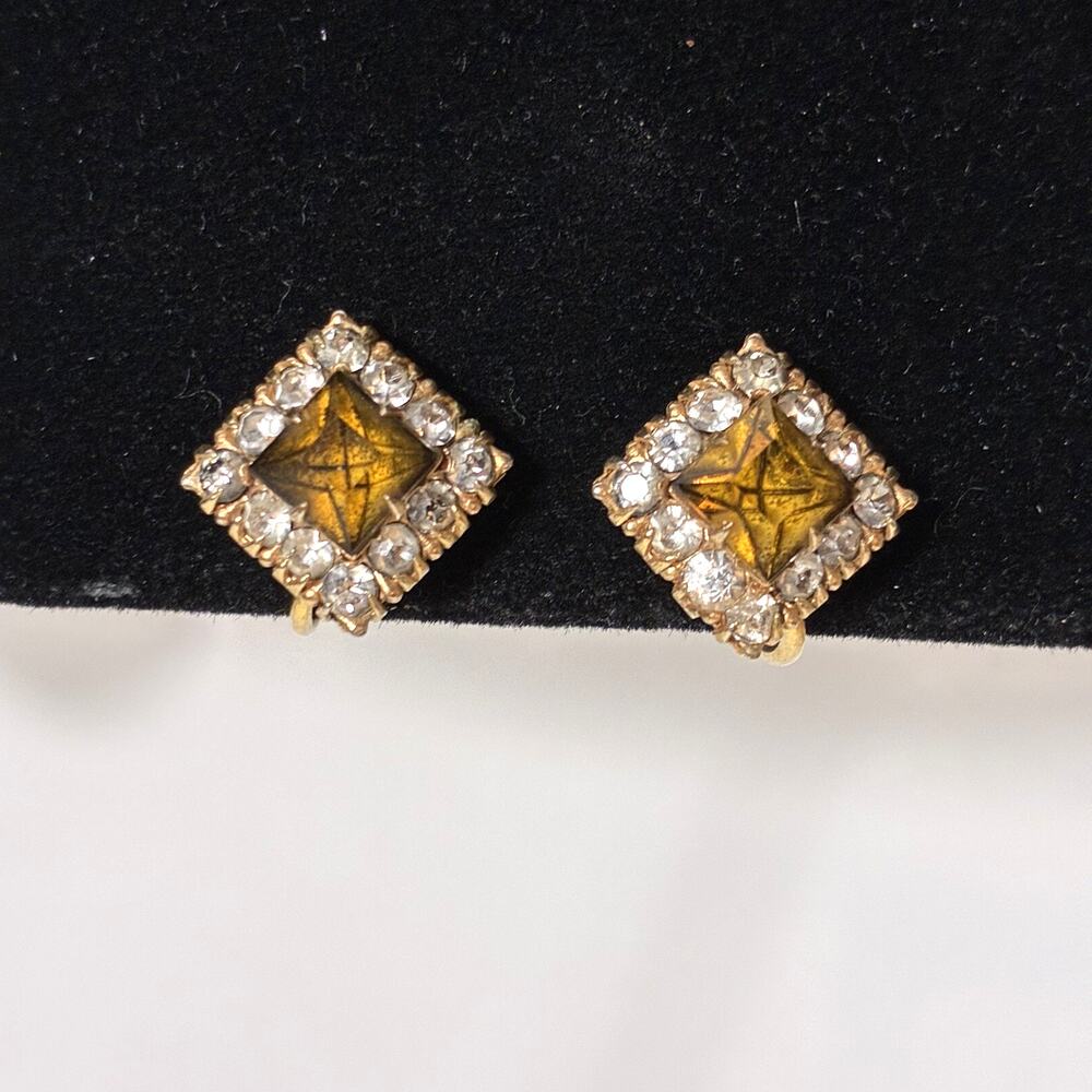 Vintage Rhinestone Earrings Vargas Square Amber White Screw Back 3/8" Gold Tone